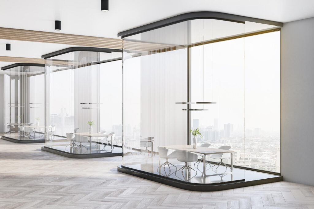 Sliding glass office door in contemporary office interior